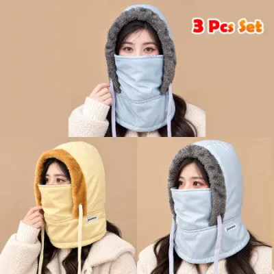3 Pcs- Set Winter Thick Warm Windproof Hat with Ear Flaps
